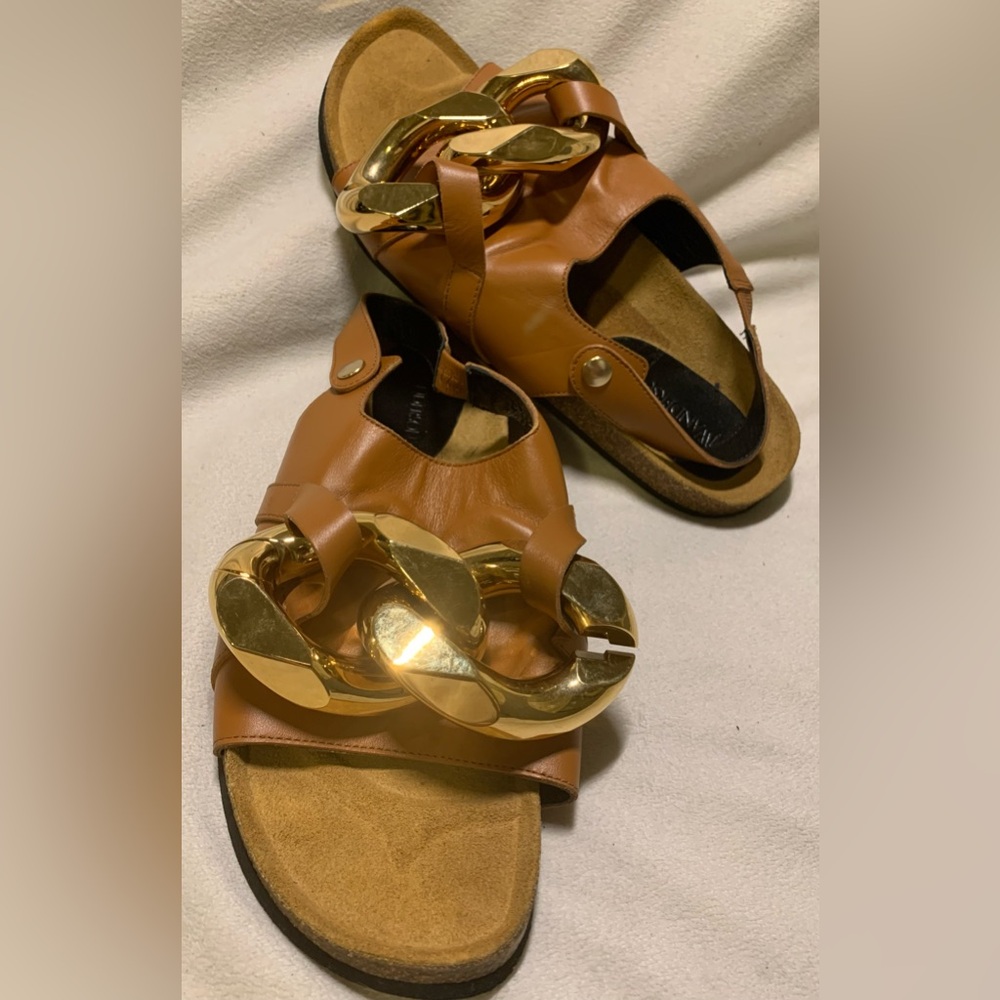 JW ANDERSON Cognac Brown Leather Chain Link Slingback Sandals size 12 NWOB - Picture 6 of 16